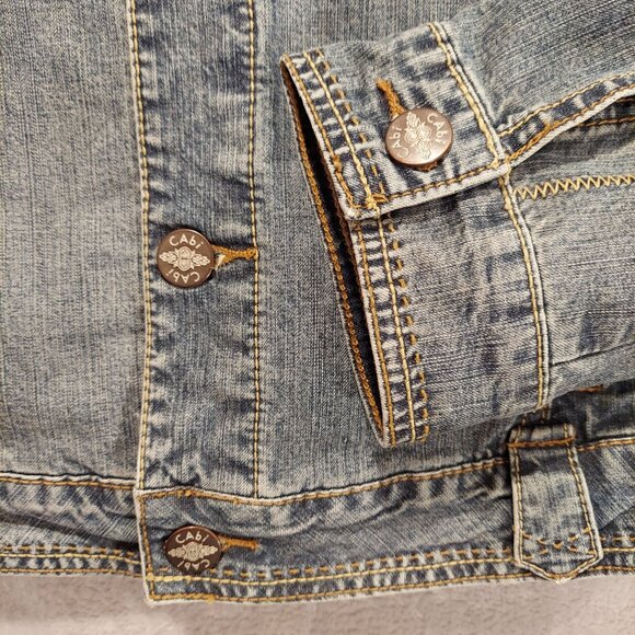 Cabi Jean jacket womens M Blue Denim Logo cropped Long sleeves waist tabs beachy - Picture 6 of 13
